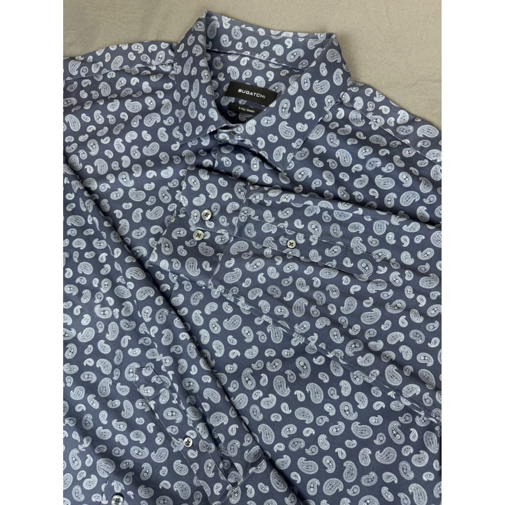 Bugatchi Mens XXL Navy Blue Paisley 8-Way Stretch Long Sleeve Shirt CF9115K60